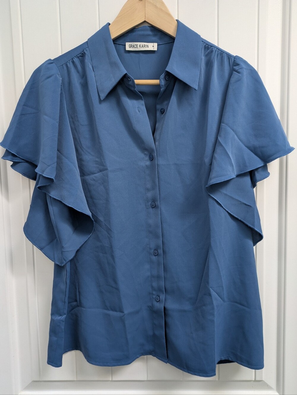 Grace Karin Slate Blue Ruffle Sleeve Button-Front Shirt